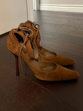Gucci Brown Suede Pointed-Toe Lace-Up Stiletto Pumps